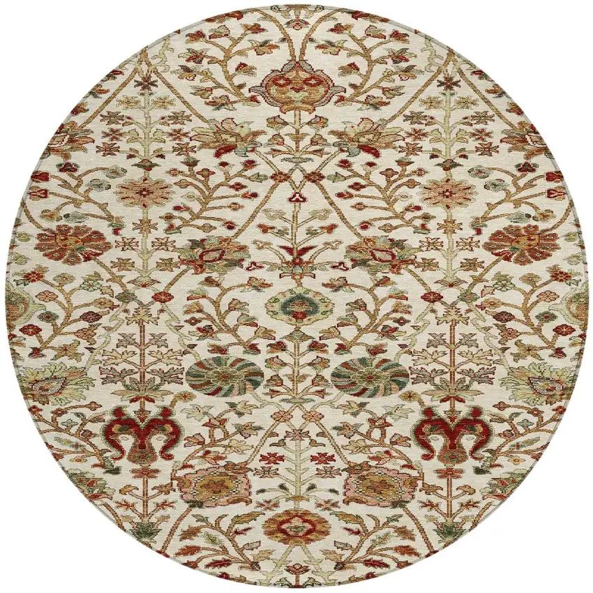 8' Ivory Brown And Red Round Floral Washable Indoor Outdoor Area Rug Photo 6