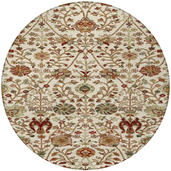 8' Ivory Brown And Red Round Floral Washable Indoor Outdoor Area Rug Photo 7