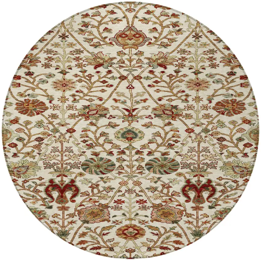 8' Ivory Brown And Red Round Floral Washable Indoor Outdoor Area Rug Photo 7