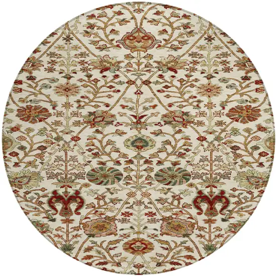 8' Ivory Brown And Red Round Floral Washable Indoor Outdoor Area Rug Photo 2