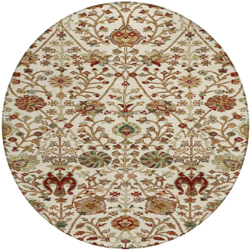 8' Ivory Brown And Red Round Floral Washable Indoor Outdoor Area Rug Photo 2