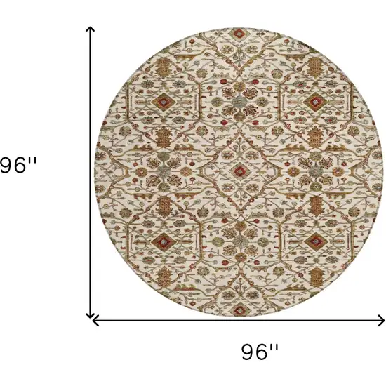 8' Ivory Brown And Red Round Floral Washable Indoor Outdoor Area Rug Photo 8