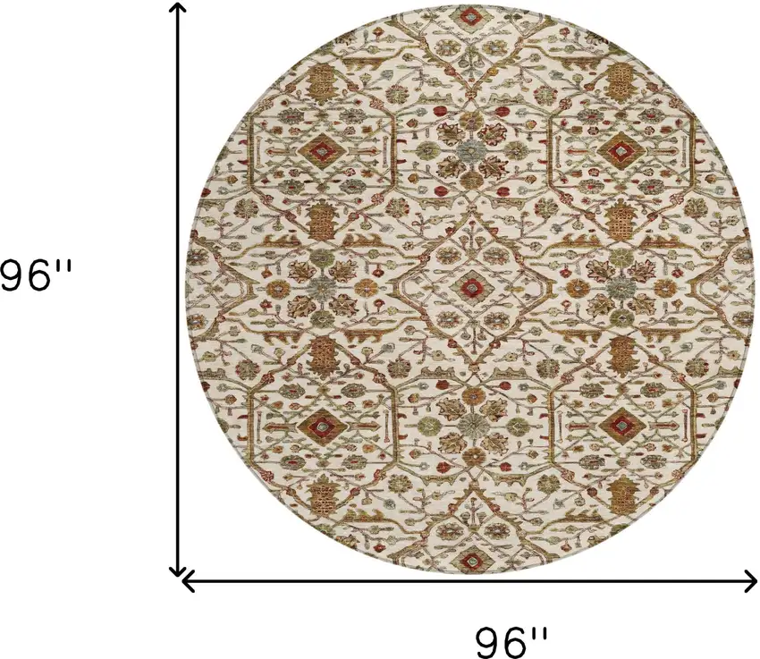 8' Ivory Brown And Red Round Floral Washable Indoor Outdoor Area Rug Photo 8