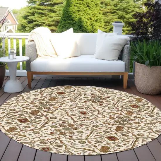 8' Ivory Brown And Red Round Floral Washable Indoor Outdoor Area Rug Photo 8