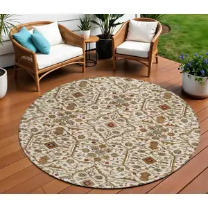Photo of 8' Ivory Brown And Red Round Floral Washable Indoor Outdoor Area Rug