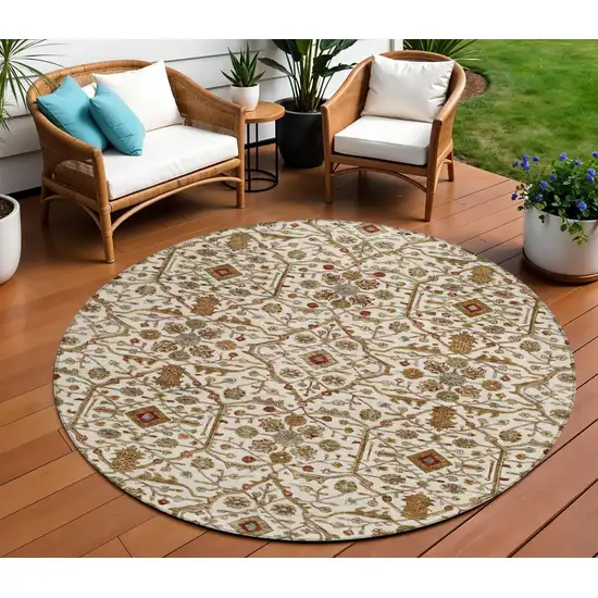 8' Ivory Brown And Red Round Floral Washable Indoor Outdoor Area Rug Photo 1