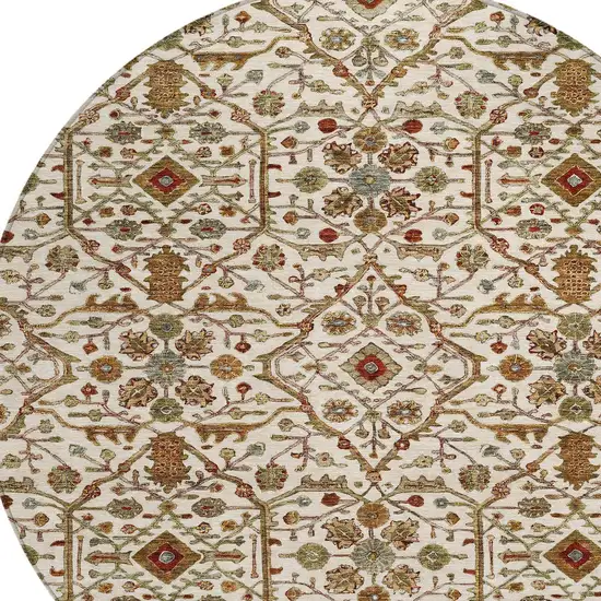 8' Ivory Brown And Red Round Floral Washable Indoor Outdoor Area Rug Photo 5