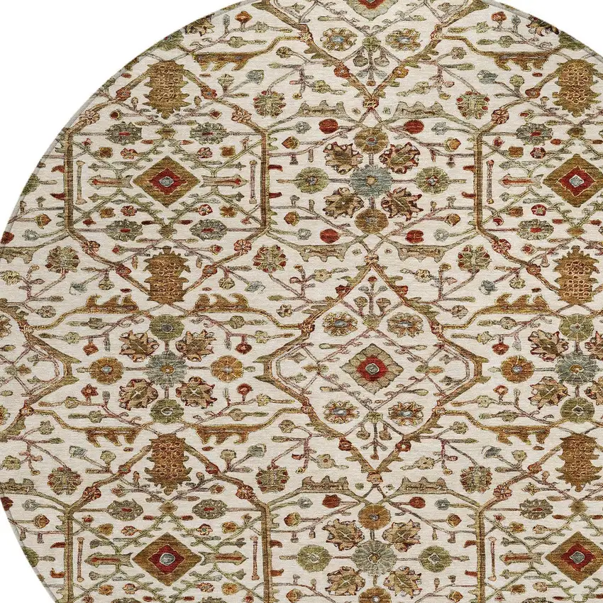 8' Ivory Brown And Red Round Floral Washable Indoor Outdoor Area Rug Photo 5