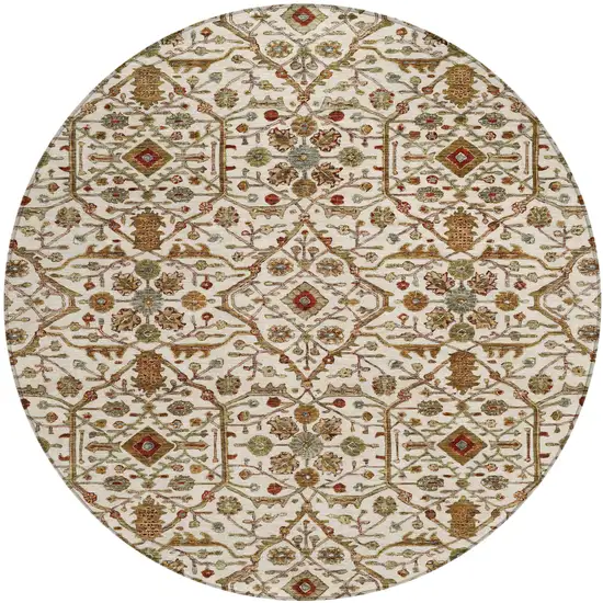 8' Ivory Brown And Red Round Floral Washable Indoor Outdoor Area Rug Photo 2