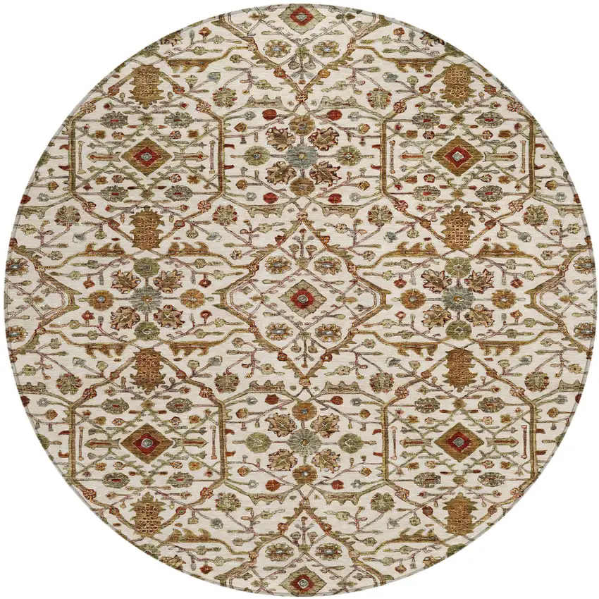 8' Ivory Brown And Red Round Floral Washable Indoor Outdoor Area Rug Photo 2