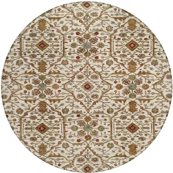 8' Ivory Brown And Red Round Floral Washable Indoor Outdoor Area Rug Photo 7