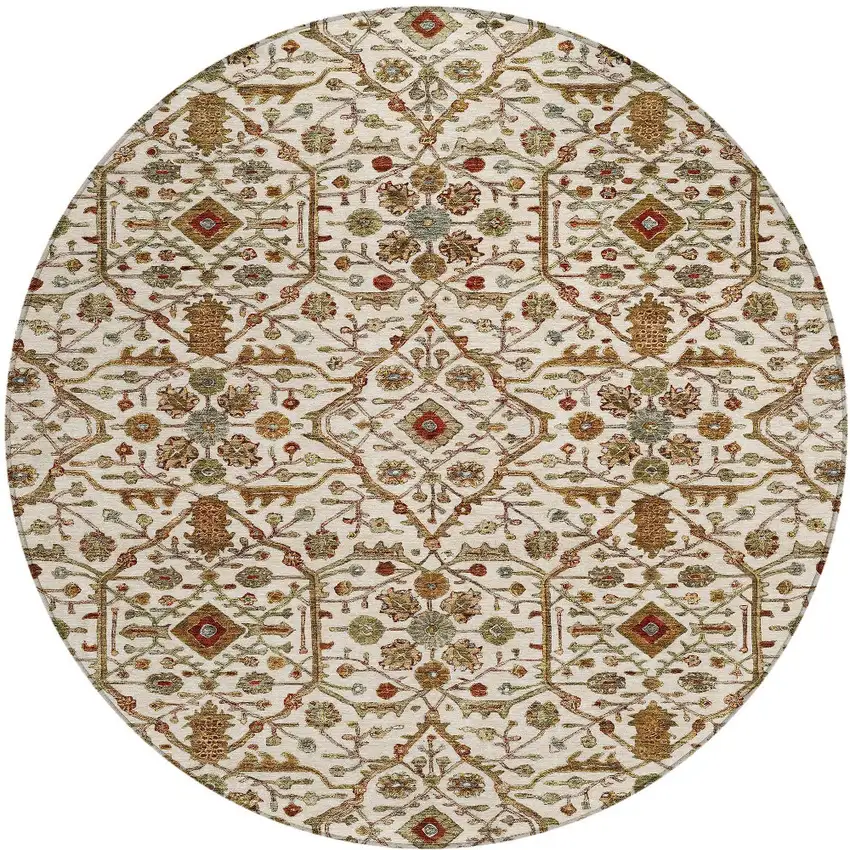 8' Ivory Brown And Red Round Floral Washable Indoor Outdoor Area Rug Photo 7