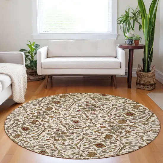 8' Ivory Brown And Red Round Floral Washable Indoor Outdoor Area Rug Photo 9