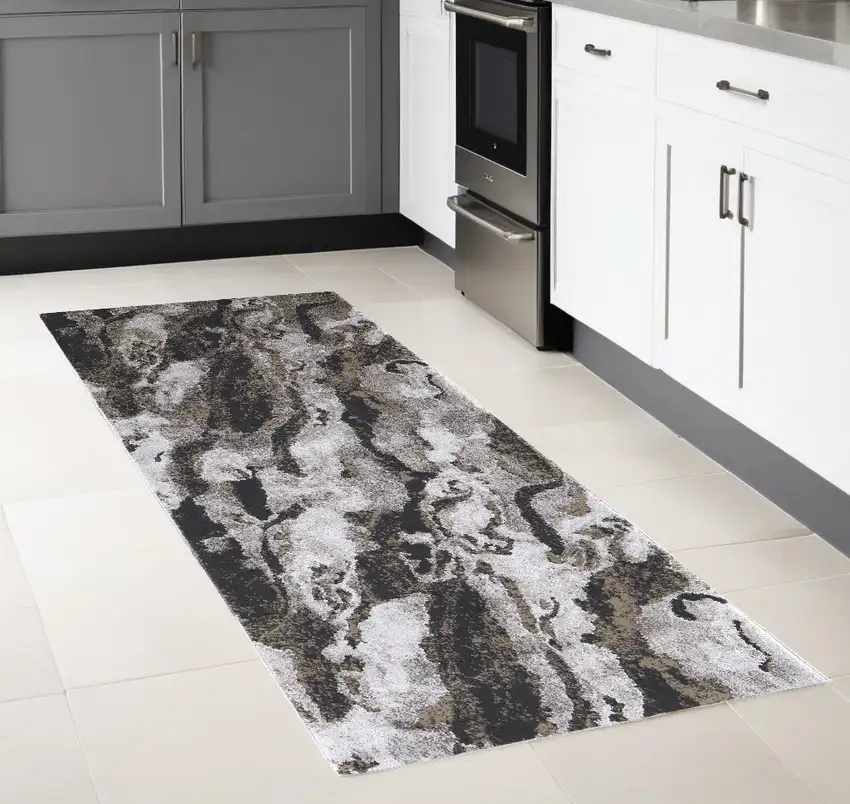 Gray and Ivory Abstract Power Loom Runner Rug Photo 1