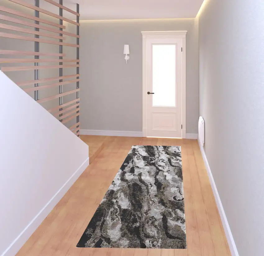 8' Ivory Brown And Taupe Abstract Power Loom Stain Resistant Runner Rug Photo 2