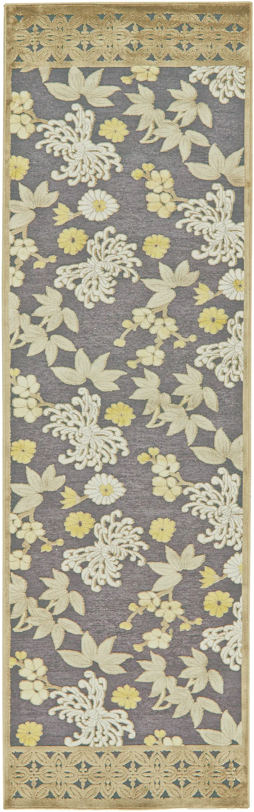 8' Ivory Brown and Gray Floral Power Loom Runner Rug Photo 2