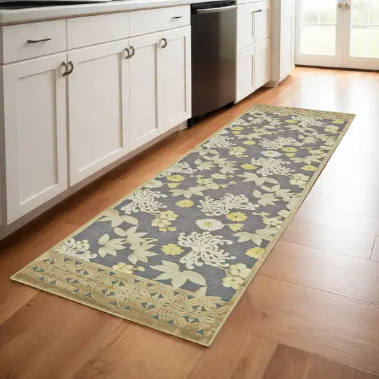 8' Ivory Brown and Gray Floral Power Loom Runner Rug Photo 1