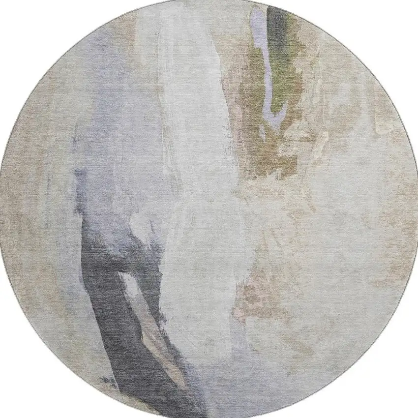 8' Ivory Charcoal And Beige Abstract Washable Round Rug With UV Protection Photo 4