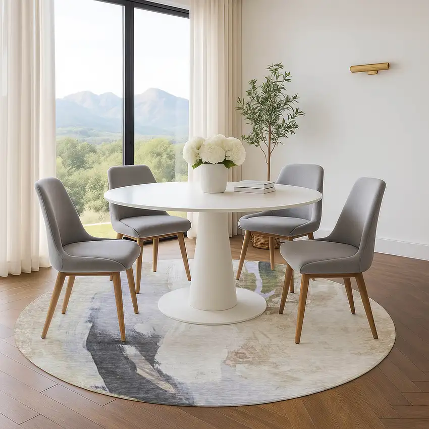 8' Ivory Charcoal And Beige Abstract Washable Round Rug With UV Protection Photo 5