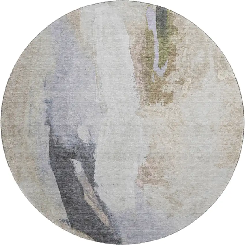 8' Ivory Charcoal And Beige Abstract Washable Round Rug With UV Protection Photo 1