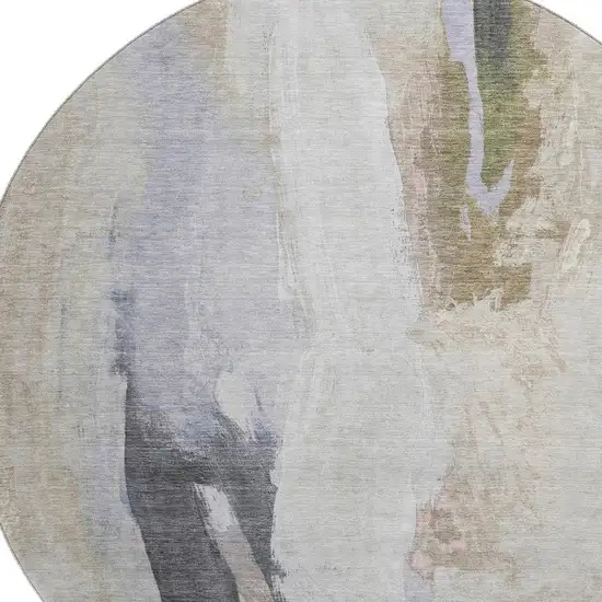 8' Ivory Charcoal And Beige Abstract Washable Round Rug With UV Protection Photo 3