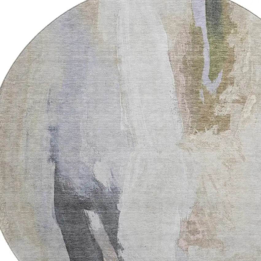 8' Ivory Charcoal And Beige Abstract Washable Round Rug With UV Protection Photo 3