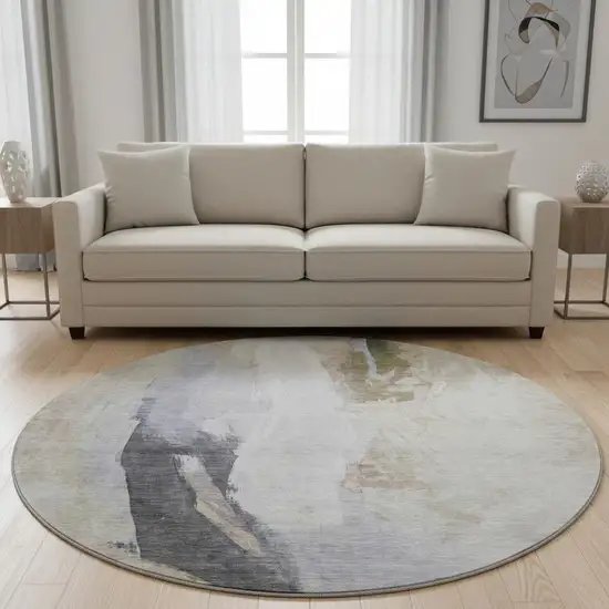 8' Ivory Charcoal And Beige Abstract Washable Round Rug With UV Protection Photo 2