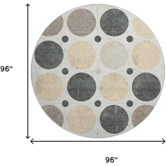 8' Ivory Charcoal And Beige Geometric Washable Round Rug With UV Protection Photo 9