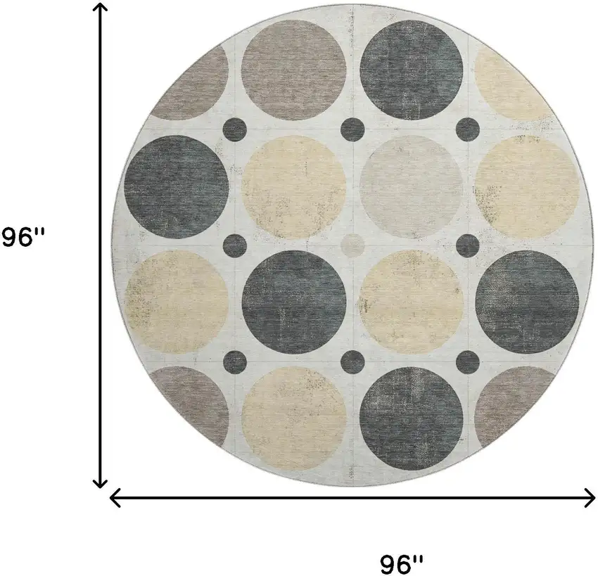 8' Ivory Charcoal And Beige Geometric Washable Round Rug With UV Protection Photo 9