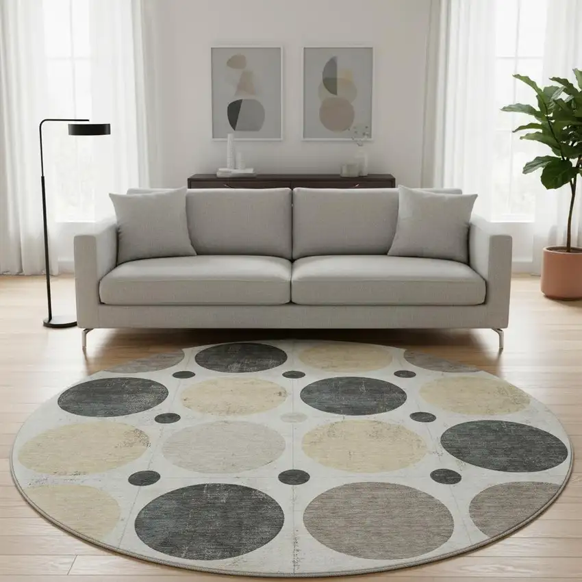 8' Ivory Charcoal And Beige Geometric Washable Round Rug With UV Protection Photo 2
