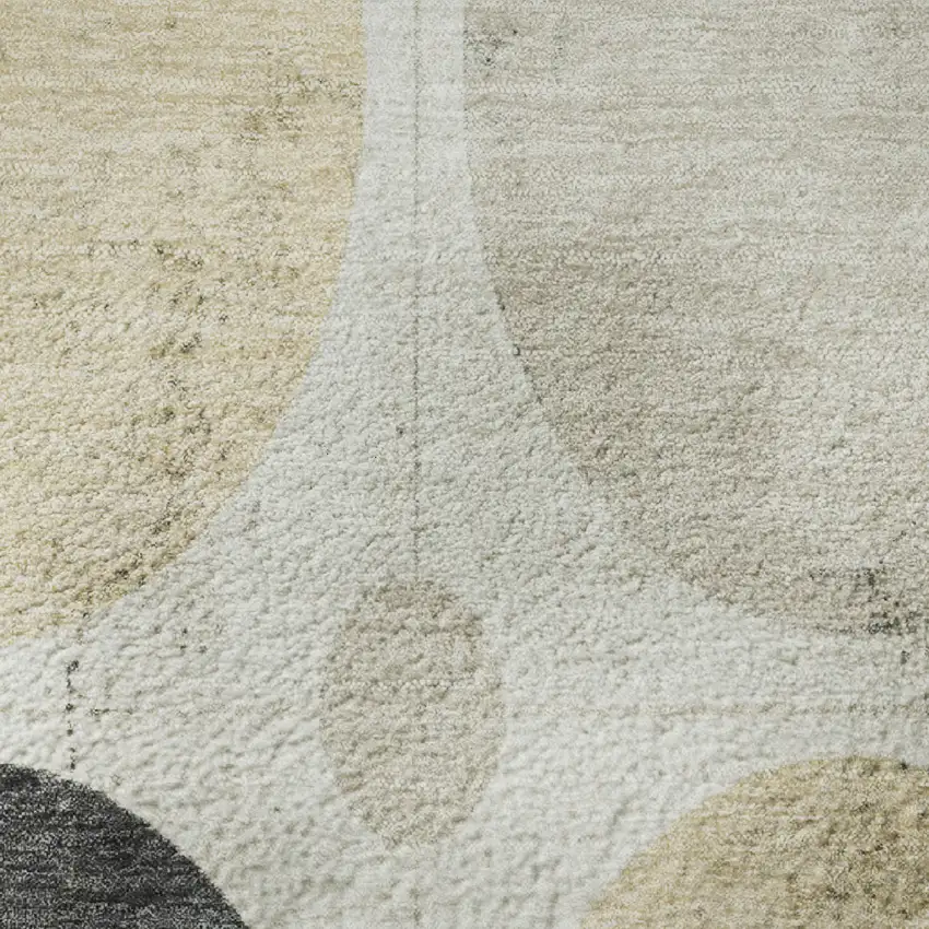 8' Ivory Charcoal And Beige Geometric Washable Round Rug With UV Protection Photo 9