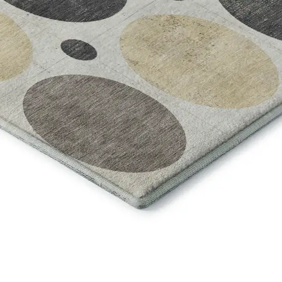 8' Ivory Charcoal And Beige Geometric Washable Round Rug With UV Protection Photo 7