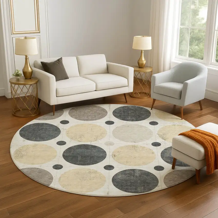 8' Ivory Charcoal And Beige Geometric Washable Round Rug With UV Protection Photo 5