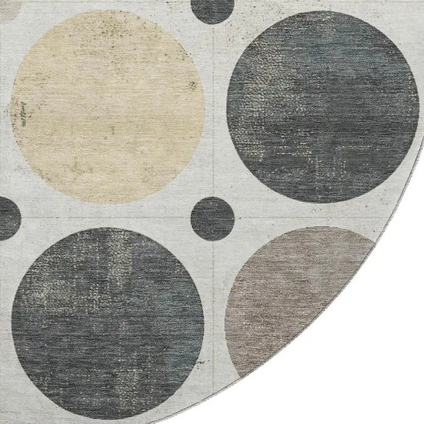 8' Ivory Charcoal And Beige Geometric Washable Round Rug With UV Protection Photo 4