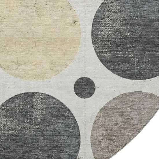 8' Ivory Charcoal And Beige Geometric Washable Round Rug With UV Protection Photo 3