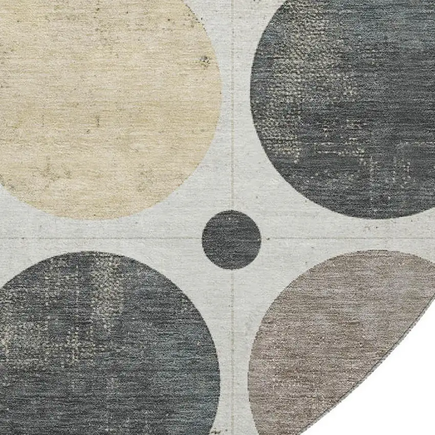 8' Ivory Charcoal And Beige Geometric Washable Round Rug With UV Protection Photo 3
