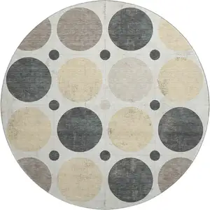 Photo of 8' Ivory Charcoal And Beige Geometric Washable Round Rug With UV Protection