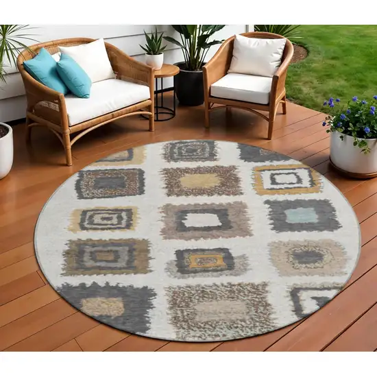 8' Ivory Charcoal And Gold Round Geometric Washable Indoor Outdoor Area Rug Photo 2