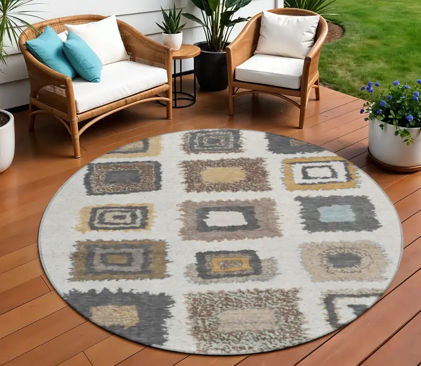 8' Ivory Charcoal And Gold Round Geometric Washable Indoor Outdoor Area Rug Photo 2