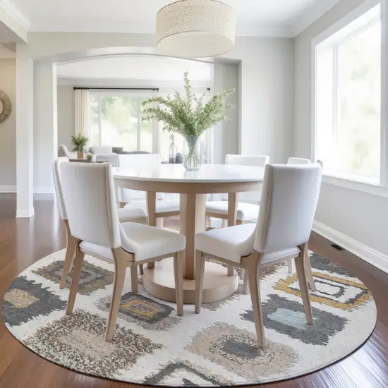 8' Ivory Charcoal And Gold Round Geometric Washable Indoor Outdoor Area Rug Photo 6