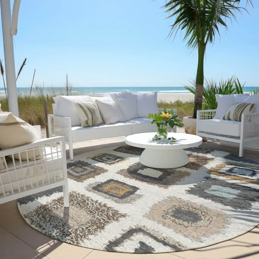 8' Ivory Charcoal And Gold Round Geometric Washable Indoor Outdoor Area Rug Photo 5