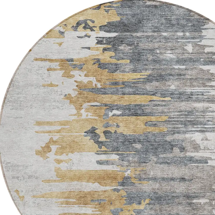 8' Ivory Charcoal And Silver Round Abstract Washable Indoor Outdoor Area Rug Photo 4