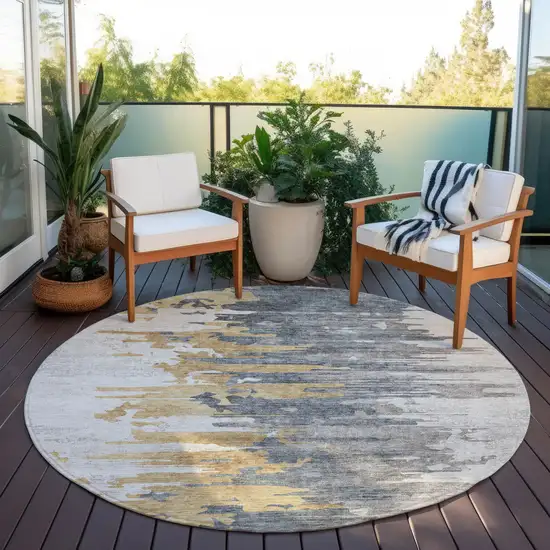 8' Ivory Charcoal And Silver Round Abstract Washable Indoor Outdoor Area Rug Photo 6