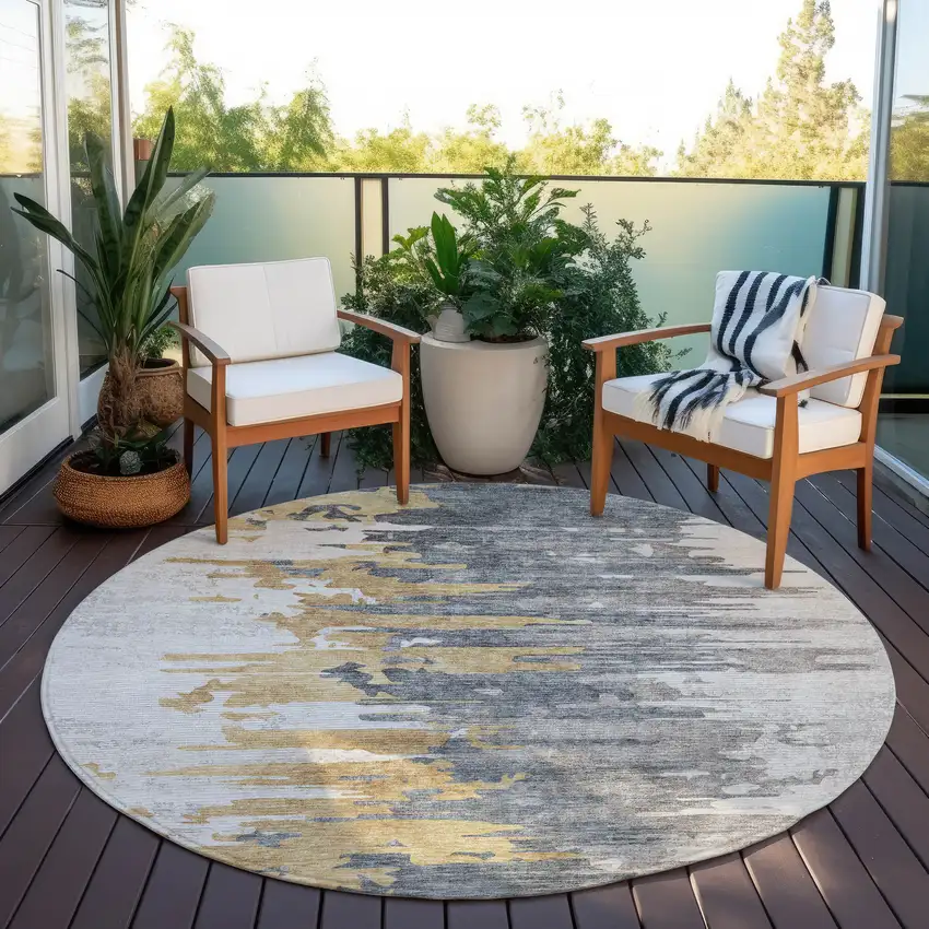 8' Ivory Charcoal And Silver Round Abstract Washable Indoor Outdoor Area Rug Photo 6