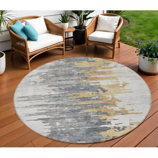 8' Ivory Charcoal And Silver Round Abstract Washable Indoor Outdoor Area Rug Photo 1