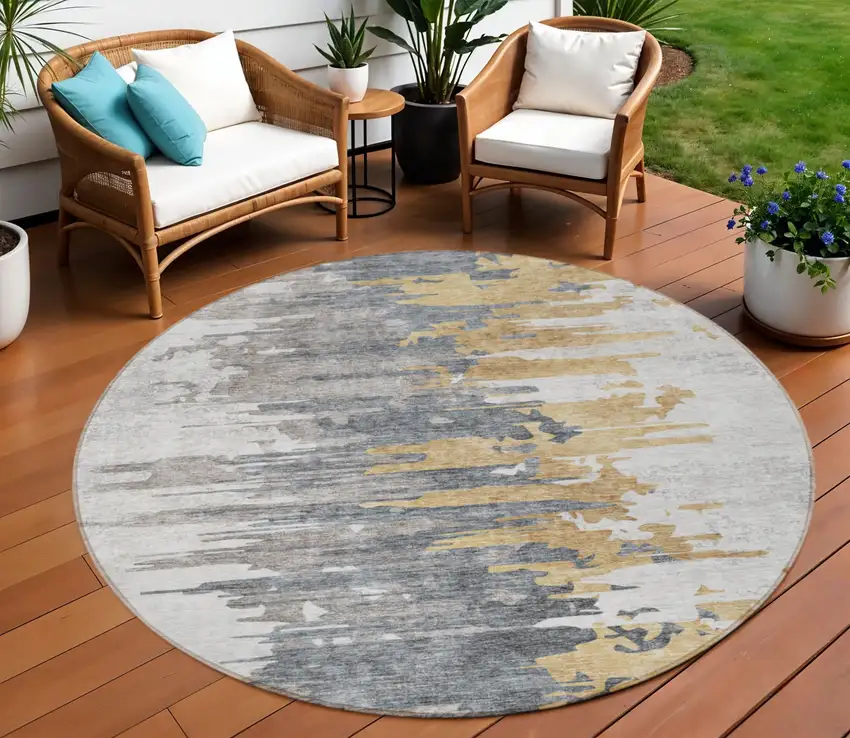 8' Ivory Charcoal And Silver Round Abstract Washable Indoor Outdoor Area Rug Photo 1