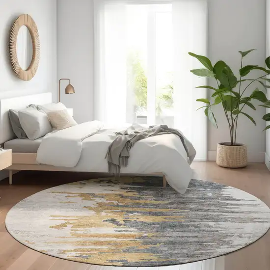 8' Ivory Charcoal And Silver Round Abstract Washable Indoor Outdoor Area Rug Photo 7