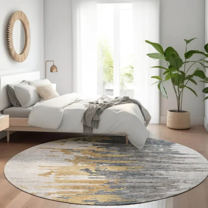 8' Ivory Charcoal And Silver Round Abstract Washable Indoor Outdoor Area Rug Photo 7