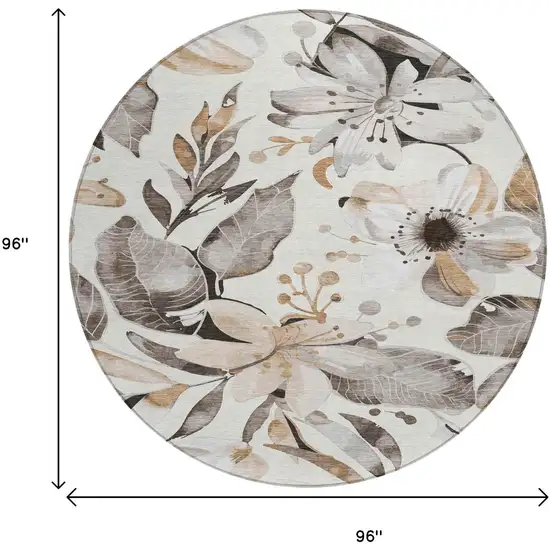 8' Ivory Charcoal And Wheat Round Floral Washable Indoor Outdoor Area Rug Photo 3