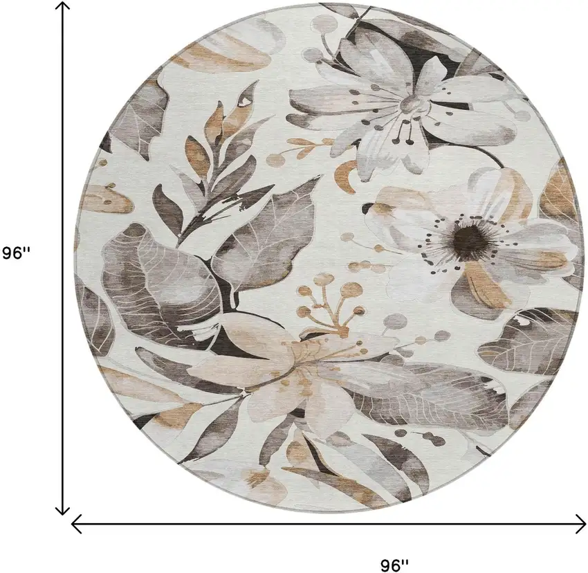 8' Ivory Charcoal And Wheat Round Floral Washable Indoor Outdoor Area Rug Photo 3